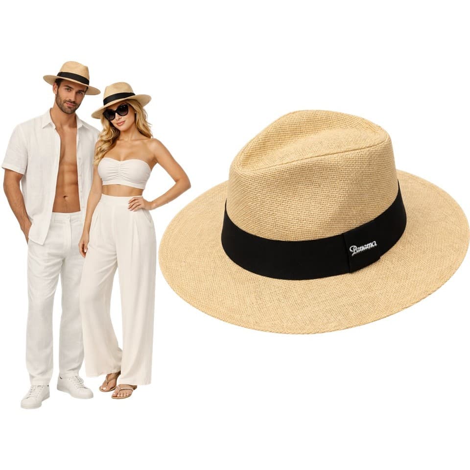 CHAPÉU MODA PANAMÁ SHANTUNG  FEDORA PALHA  FAIXA PRETA QUALIDADE PROMOÇÂO