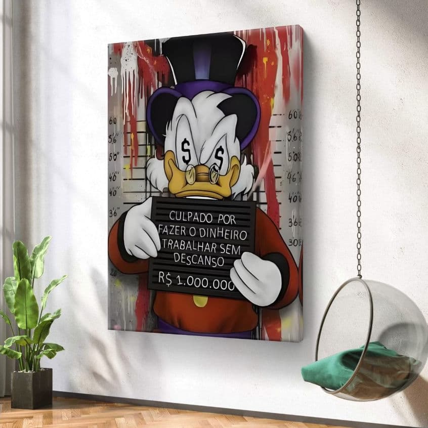 Quadro Decorativo Tio Patinhas Pop Art MDF 110x80 Frase Dinheiro Trabalhar