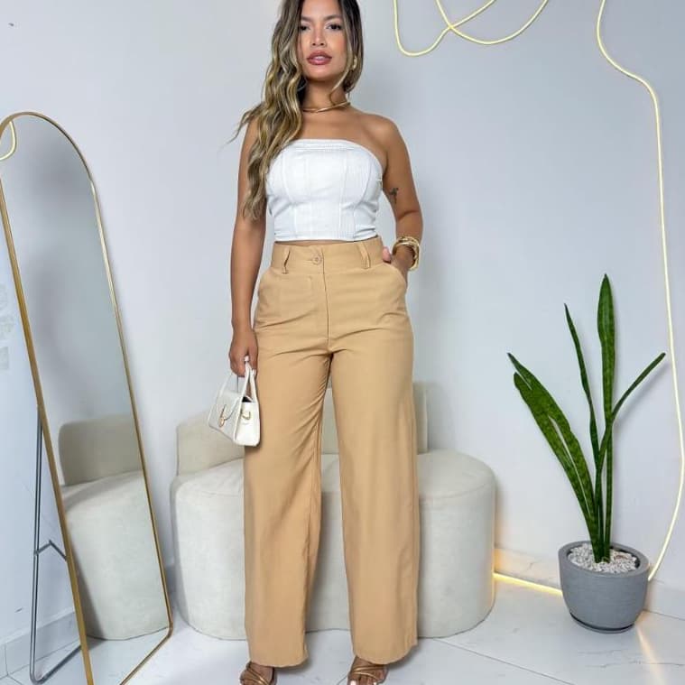 Calça Pantalona  Premium Cintura Alta Com Bolso PROMOÇÃO