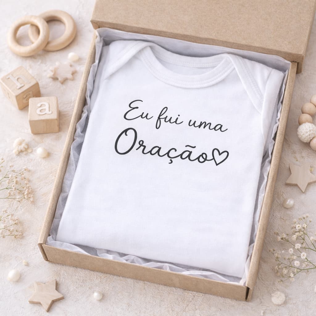 Body branco curto bebê revelação gravidez surpresa para família eu fui uma oração