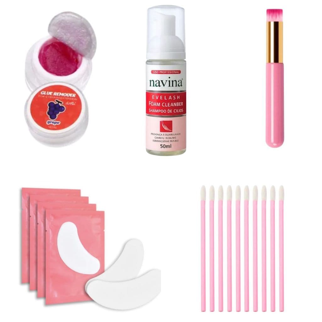 Kit Remoção Cilios em Casa Tufo Profissional Completo Removedor Espuma Navina Pincel Pad LipGloss