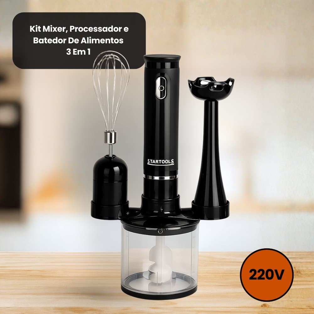 Kit de Cozinha 3 em 1: Mixer + Processador + Batedor de Alimentos 220V – Multifuncional e Prático