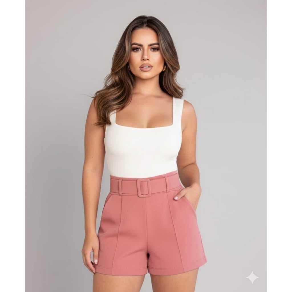 Shorts Feminino Fivela Curto Cintura Alta Malha Crepe com Bolso Elastano Bermuda