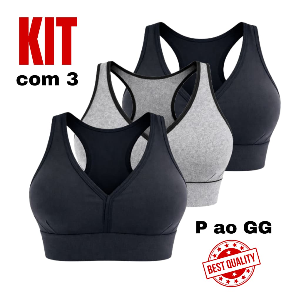 Kit 3 Tops Fitness Feminino Academia Alta Sustentação Transpassado Sem Bojo P ao GG