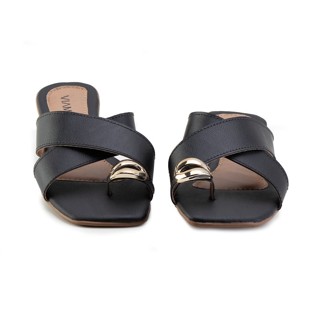 Rasteirinha Feminina Via Mariza Tiras Cruzada Confortável com Detalhe Dourado Casual Elegante