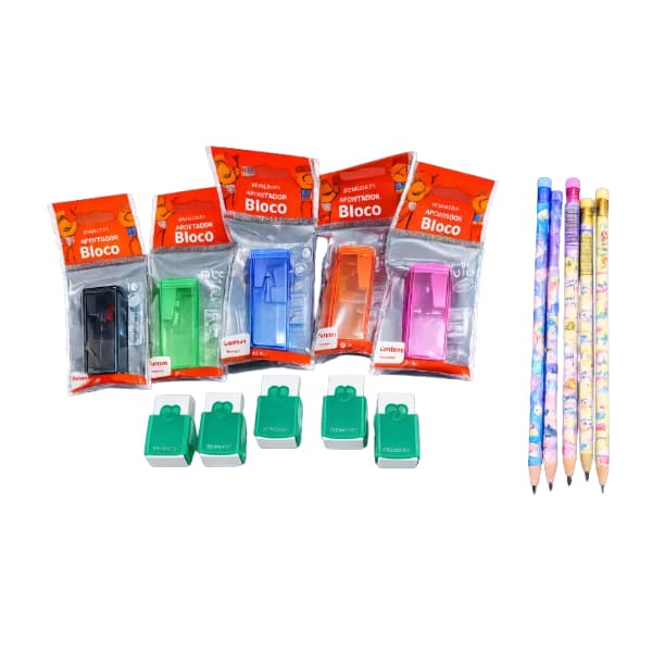 Kit Escolar 15 Peças: 5 Apontadores com Depósito + 5 Borrachas + 5 Lápis Estampados