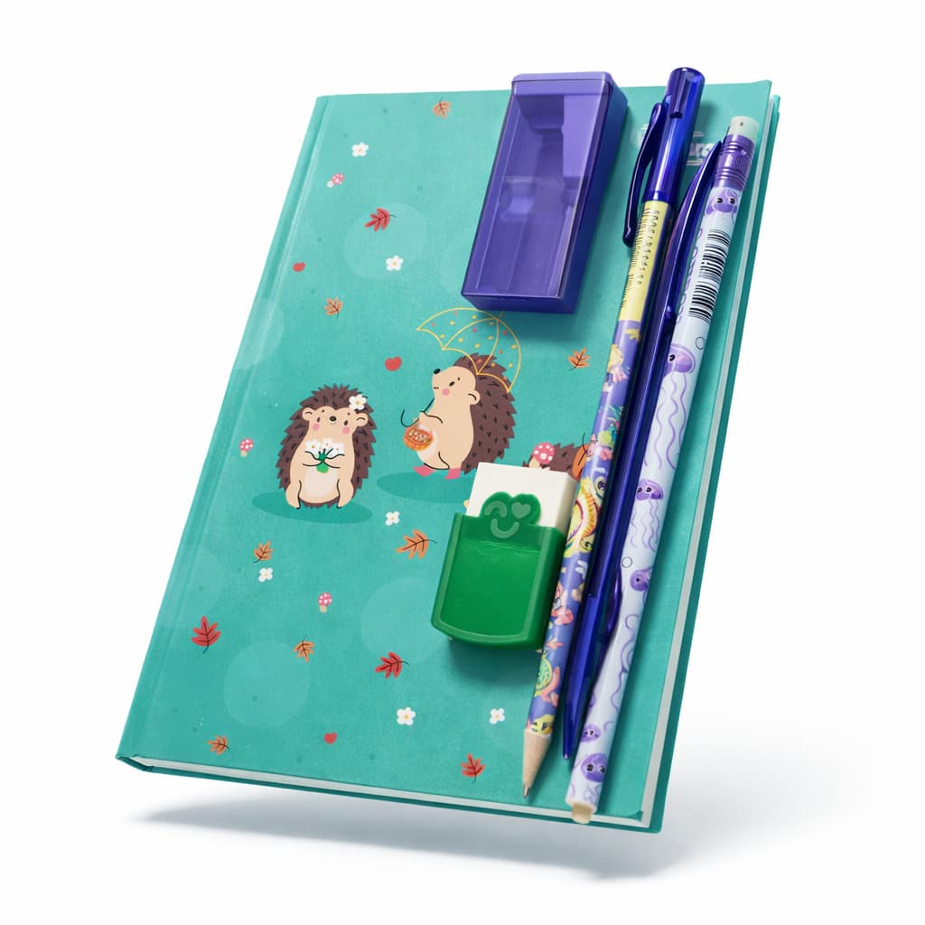 Kit Ouriço Encantado – Caderno + Caneta + Lápis + Borracha + Apontador