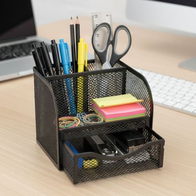 Porta Caneta Organizador De Metal Para Mesa Escritório Aramado Com Divisórias Multiuso