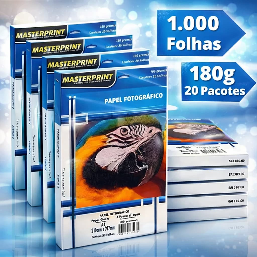 Papel Fotográfico 1000 Folhas Glossy A4 180g À Prova D'água Masterprint