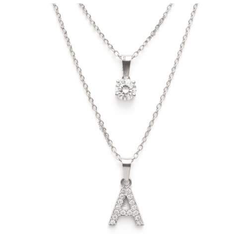 Colar Duplo Pingente Letra Cravejada com Zircônia 6mm 2 em 1 Aço Inox Luxo Delicado Cute Minimalista