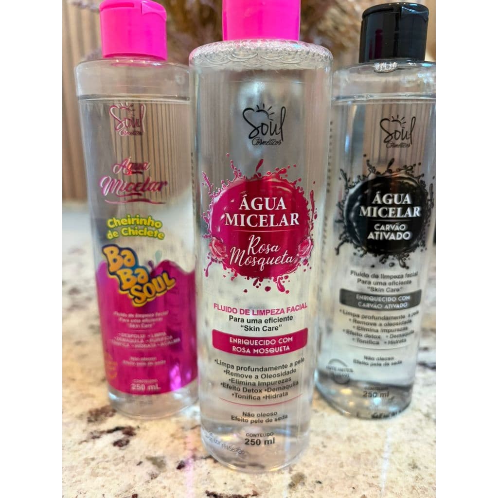 Kit 03 Águas Micelar Soul Cosméticos - Carvão Ativado - Rosa Mosqueta - Toque nas Nuvens - Babasoul