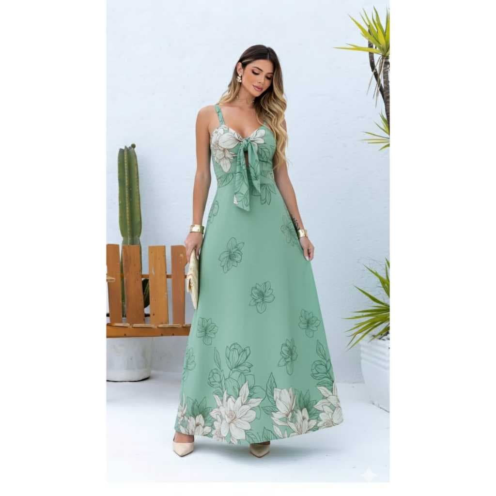 Vestido Longo Femino com Bojo e Lastex nas Costas Elegante Casual