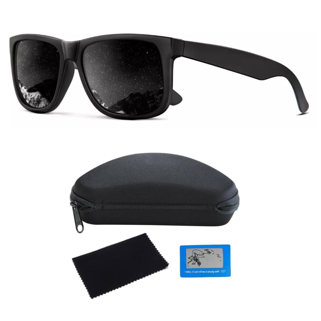 Óculos De Sol Masculino Feminino Polarizado UV400 Quadrado Preto Fosco Escuro Premium + Acessórios