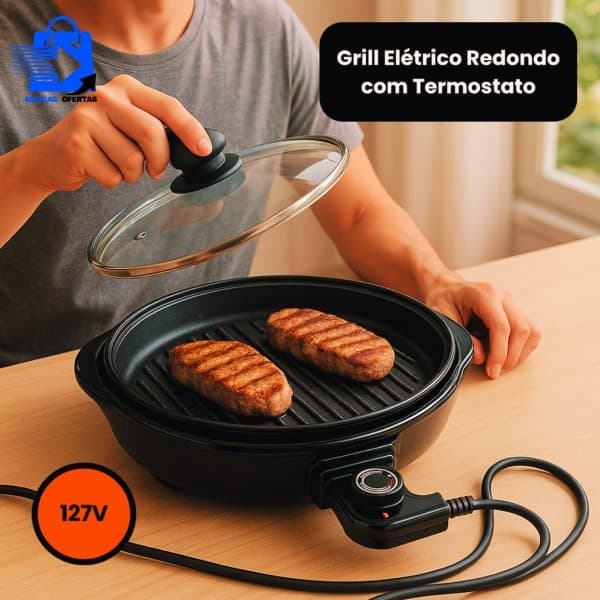 Grill Elétrico Redondo Premium 40cm com Termostato Ajustável 1200W Antiaderente – 127V | 220V