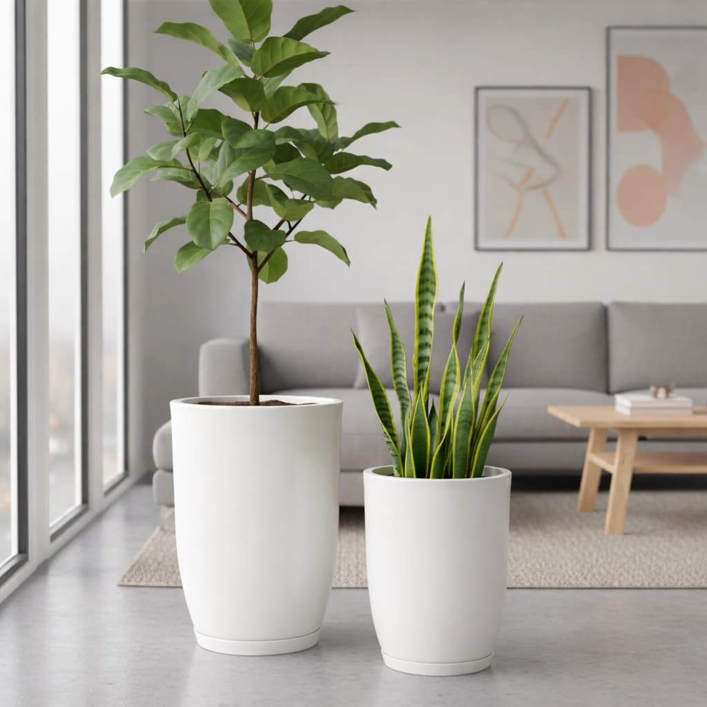 Kit com 2 Vasos de Planta Cone Bojo Polido - P e M com prato Coletor