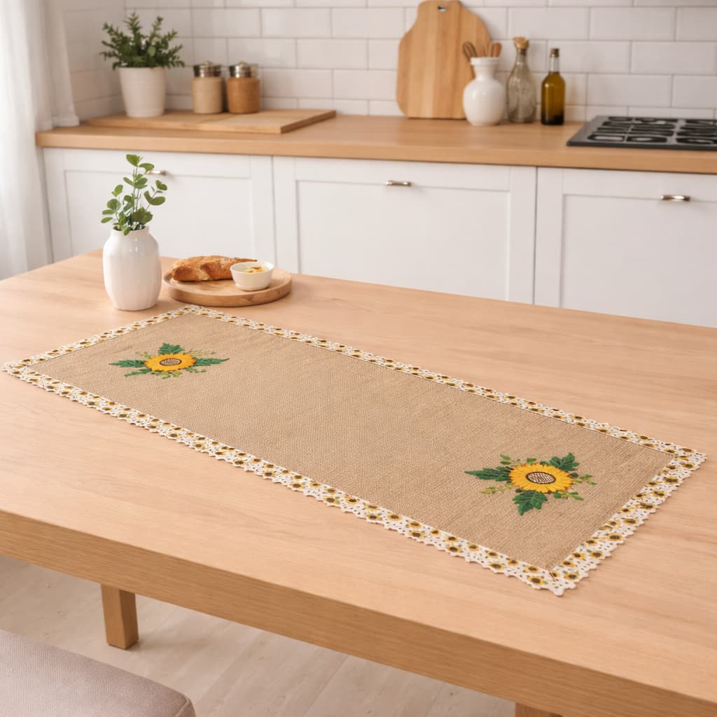Caminho de Mesa Bordado 1,00x0,38 – Gorgurinho com Babado Decorativo