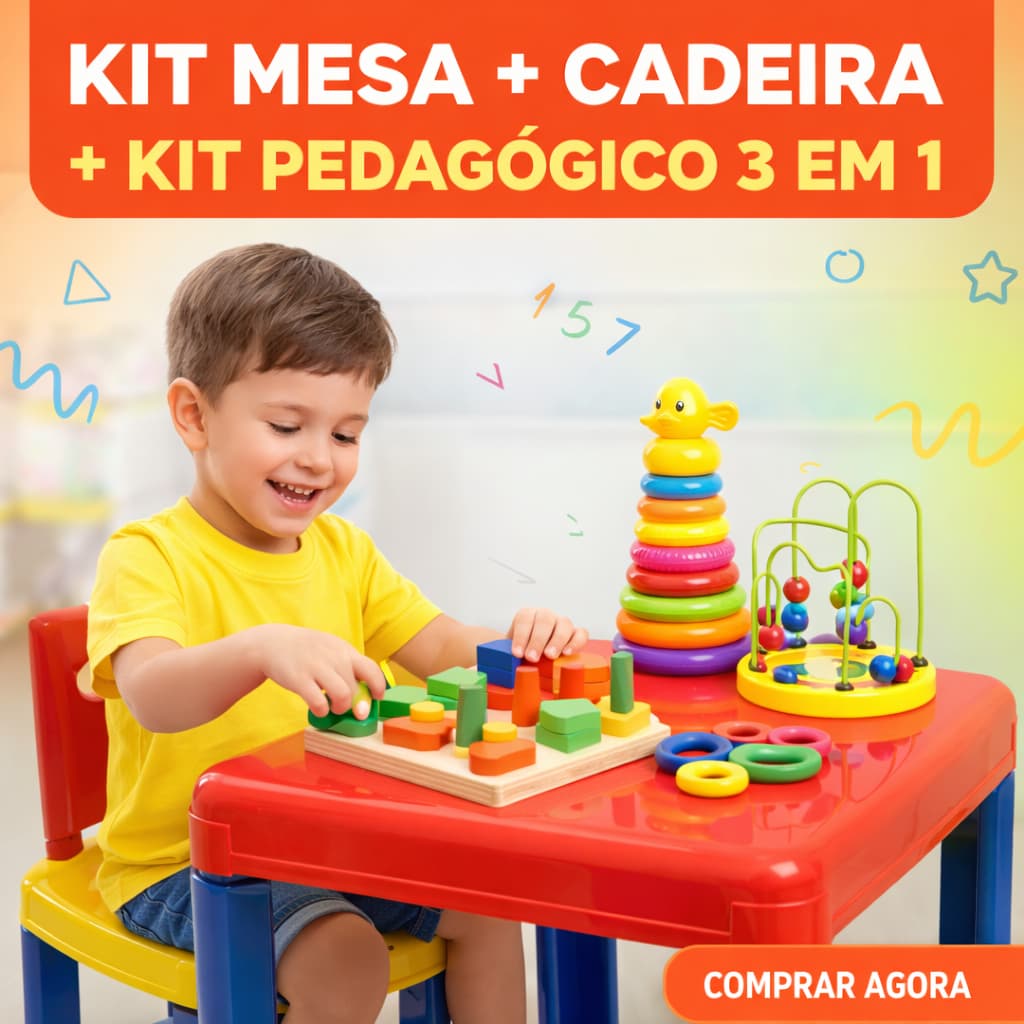 Kit Mesa Infantil + Cadeira+Kit Pedagógico 3 em 1 Brinquedo Educativo Coordenação Motora Espaço KIDS