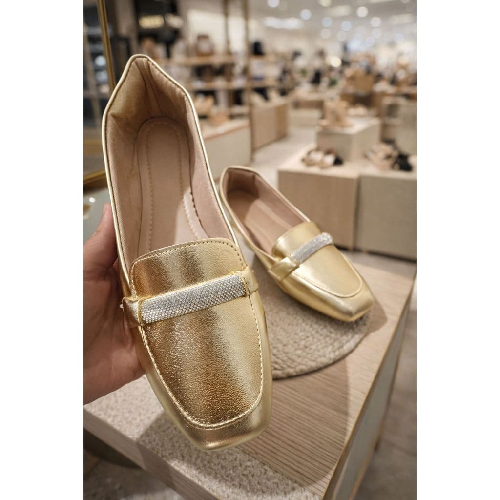 Sapatilha Feminina Confortável Luxo Elegante Mocassim Sapato Feminino Bico Quadrado Strass