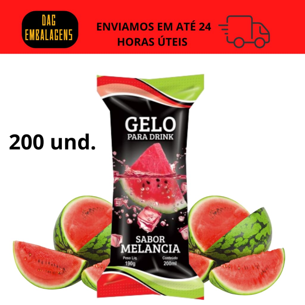 Embalagem Gelo Saborizado (Sabor Melancia) - 200 Embalagens Bopp 9,5 x 21 Saco Higienico Externo