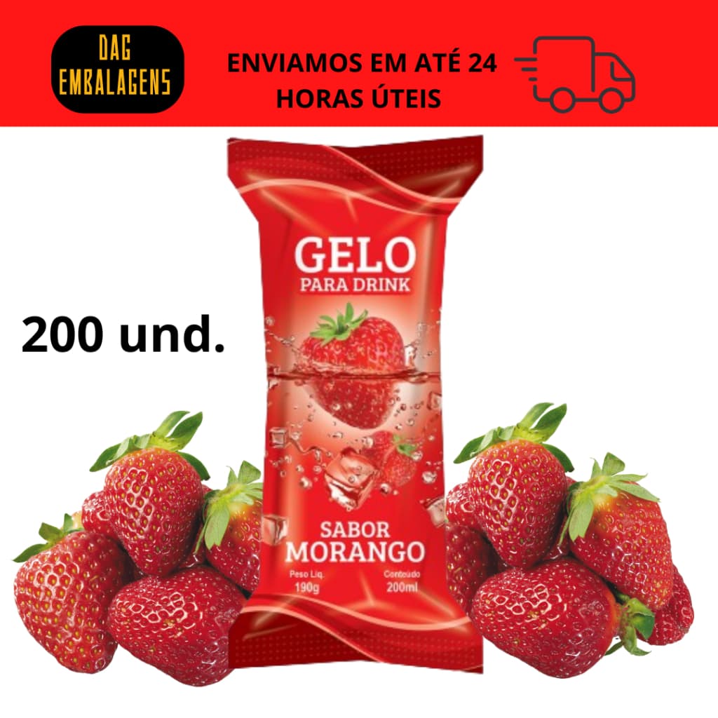 01 PACOTE Embalagem para Gelo Saborizado (Sabor Morango) - 200 Embalagens Bopp 9,5 x 21 Saco Higienico Externo