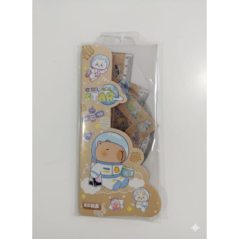 Kit de Réguas Kawaii Capivara Astronauta - 4 Peças Geometria Escolar