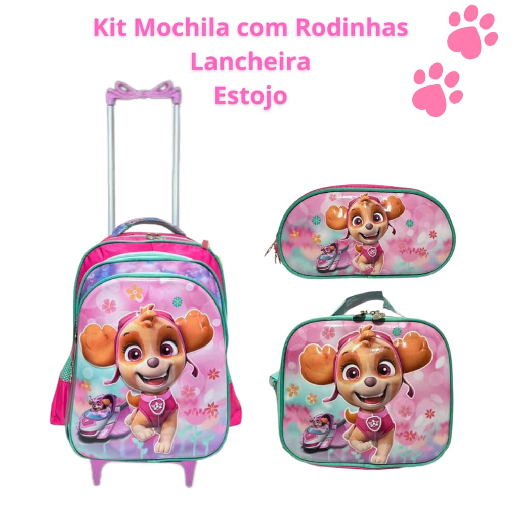 Kit Mochila Com Rodinhas Escolar 3D Patrulha Canina Skye Menina Reforçada Grande + Lancheira Térmica + Estojo