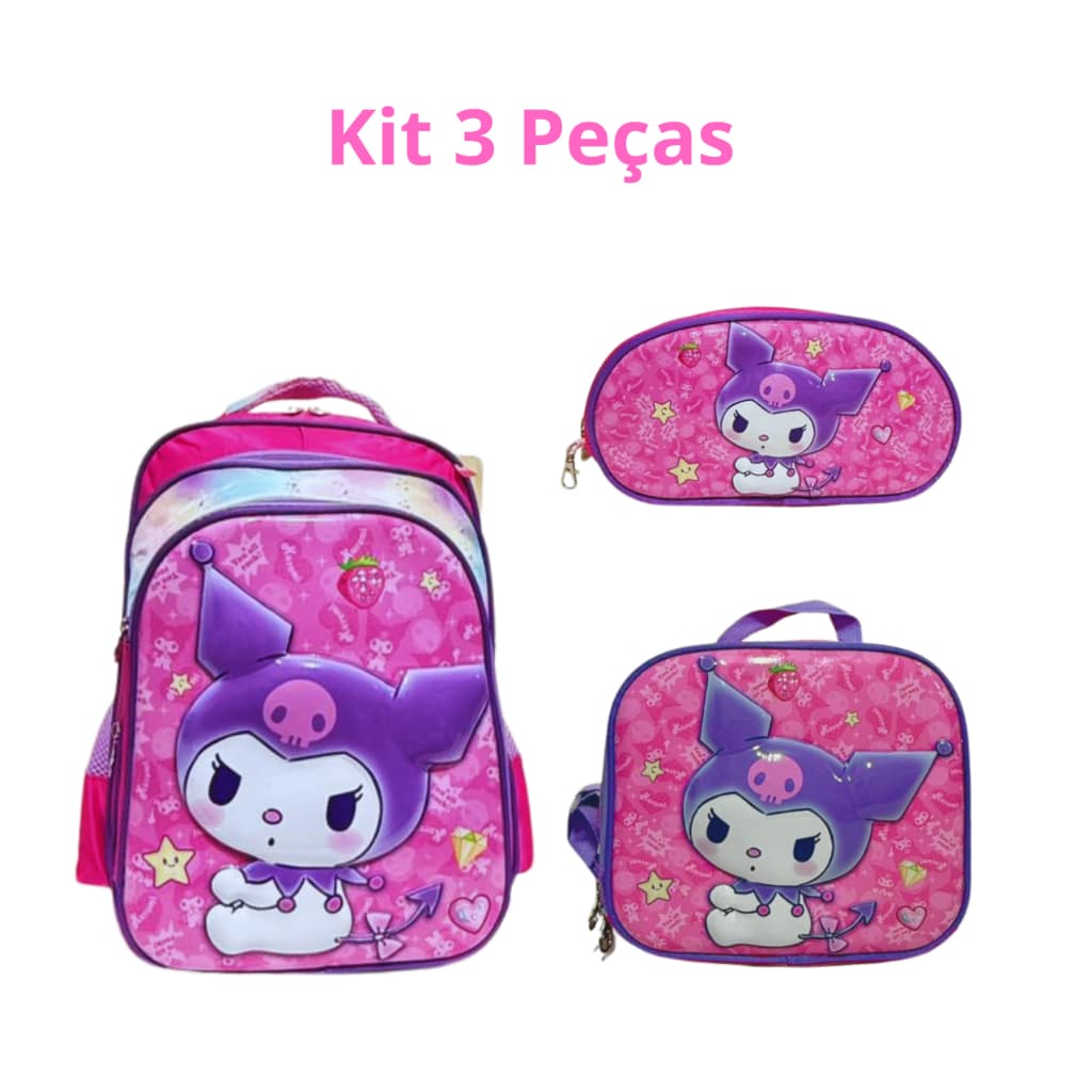 Kit Mochila Escolar 3D Kuromi Menina Reforçada Grande + Lancheira Térmica + Estojo