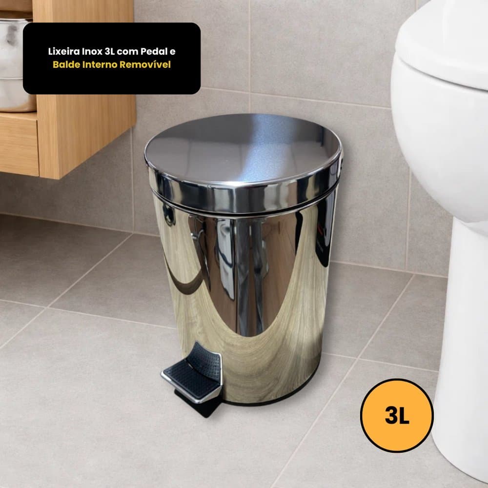 Lixeira Inox 3 litros com Pedal e Balde Interno Removível para banheiro cozinha