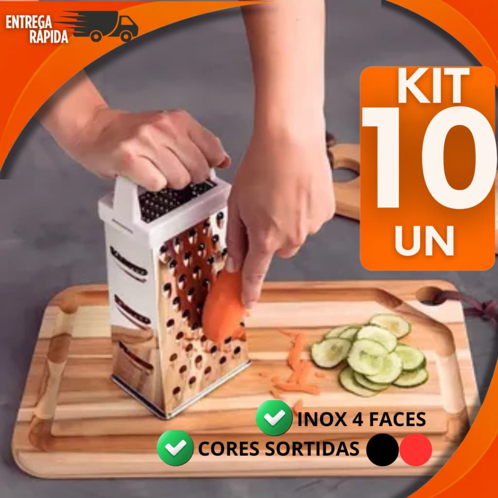 KIT 5 e 10 UNIDADES Ralador Inox 4 Faces com Cabo – Queijo, Legumes e Verduras Cores Sortidas
