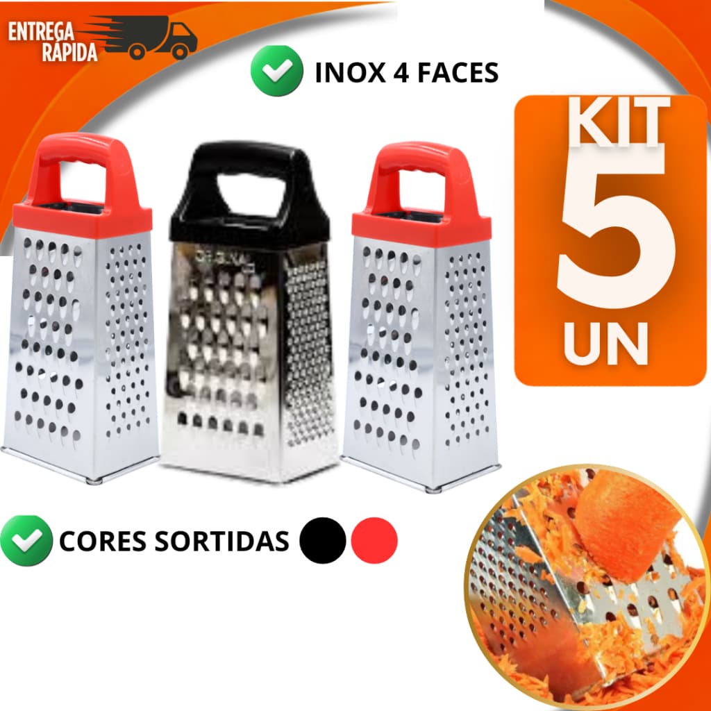 KIT 5 UNIDADES Ralador Inox 4 Faces com Cabo – Queijo, Legumes e Verduras Cores Sortidas