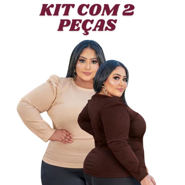 KIT 2 Blusas PLUS SIZE Manga Longa Feminina Malha Canelada
