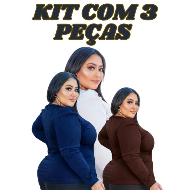 KIT 3 Blusas PLUS SIZE Manga Longa Feminina com Detalhe no Ombro/Malha Canelada/Importada