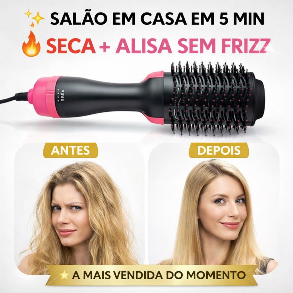 Escova Secadora 3 em 1 Profissional Seca Alisa e Modela Anti Frizz Efeito Salão 5 Min