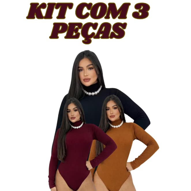KIT 3 Bori Body Feminino Manga Longa Confortável Segunda Pele/Cacharrel Gola Alta tecido Canelado