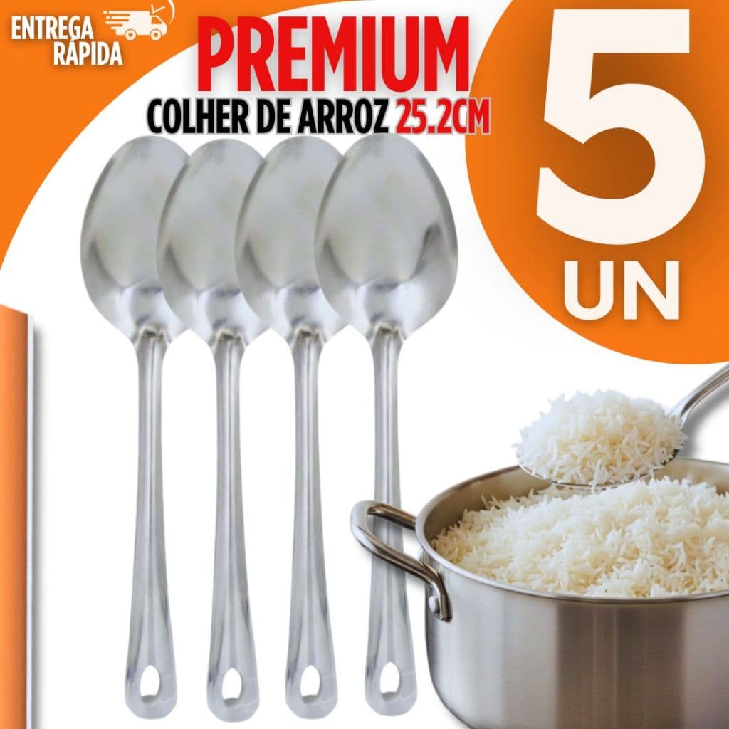 Conjunto 5 Colher De Servir Arroz Grande Cabo Longo Aço Inox 25CM Para Cozinha Restaurantes Premium