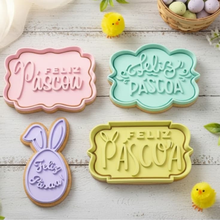 Cortadores Feliz Páscoa kit com 4 - para Biscoito Cookie Molde Mensagem Pasta Americana Confeitaria Decorada