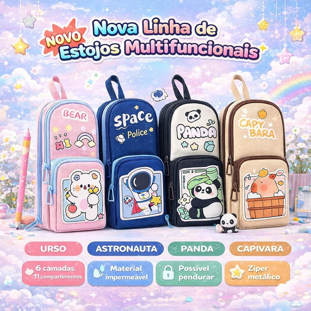 Estojo Capivara Grande Capacidade 6 Camadas | Impermeável | Porta-Lápis Escolar Multifuncional com Zíper Metálico