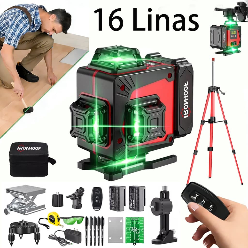 Nivel a Laser Profissional com Tripé 16 Linhas Verde 2 Bateria