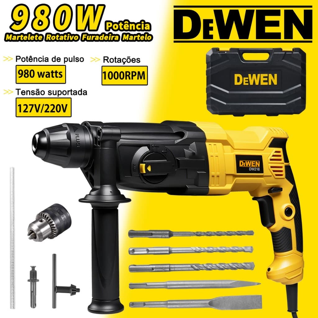 Martelete Rotativo Furadeira Martelo 980W 3 em 1 Rompedor  com 3 Modos Profissional Com Acessorios