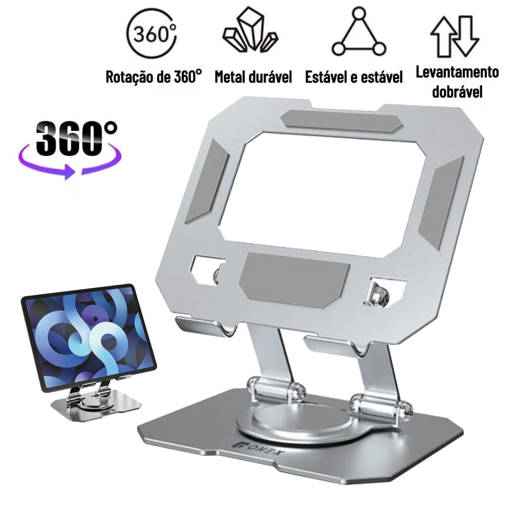 Suporte de Mesa para Tablet 360° em Aço Carbono Base Ajustável e Dobrável Para Tablets redonda Antiderrapante P/Tablet