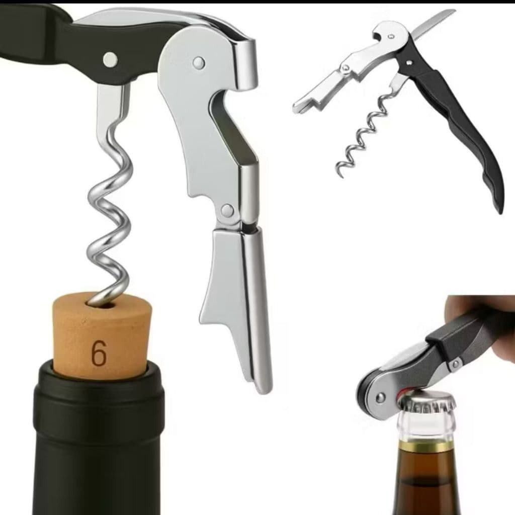 Abridor de Vinhos 3 em 1 Saca Rolhas Aço Inox Abridor Garrafa e Lata