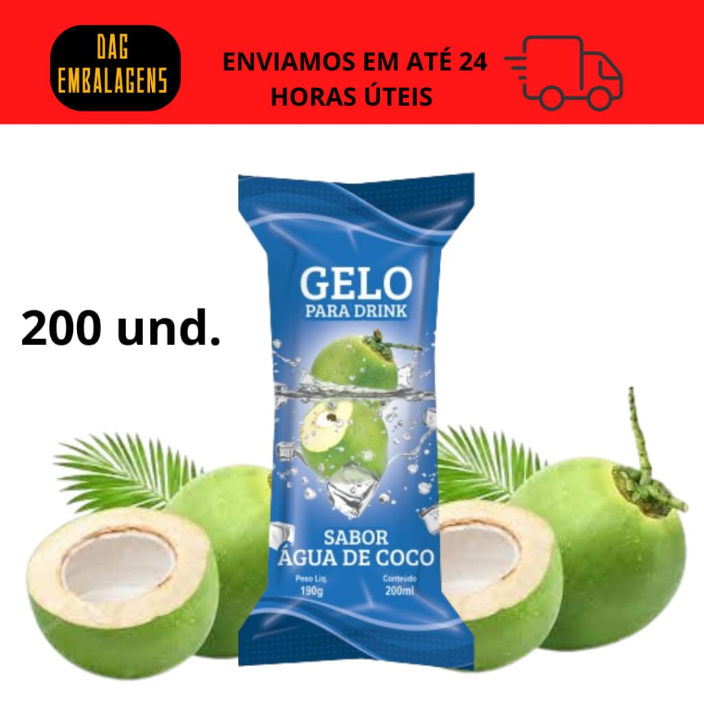 01 PACOTE Embalagem para Gelo Saborizado (Sabor Coco) - 200 Embalagens Bopp 9,5 x 21 Saco Higienico Externo