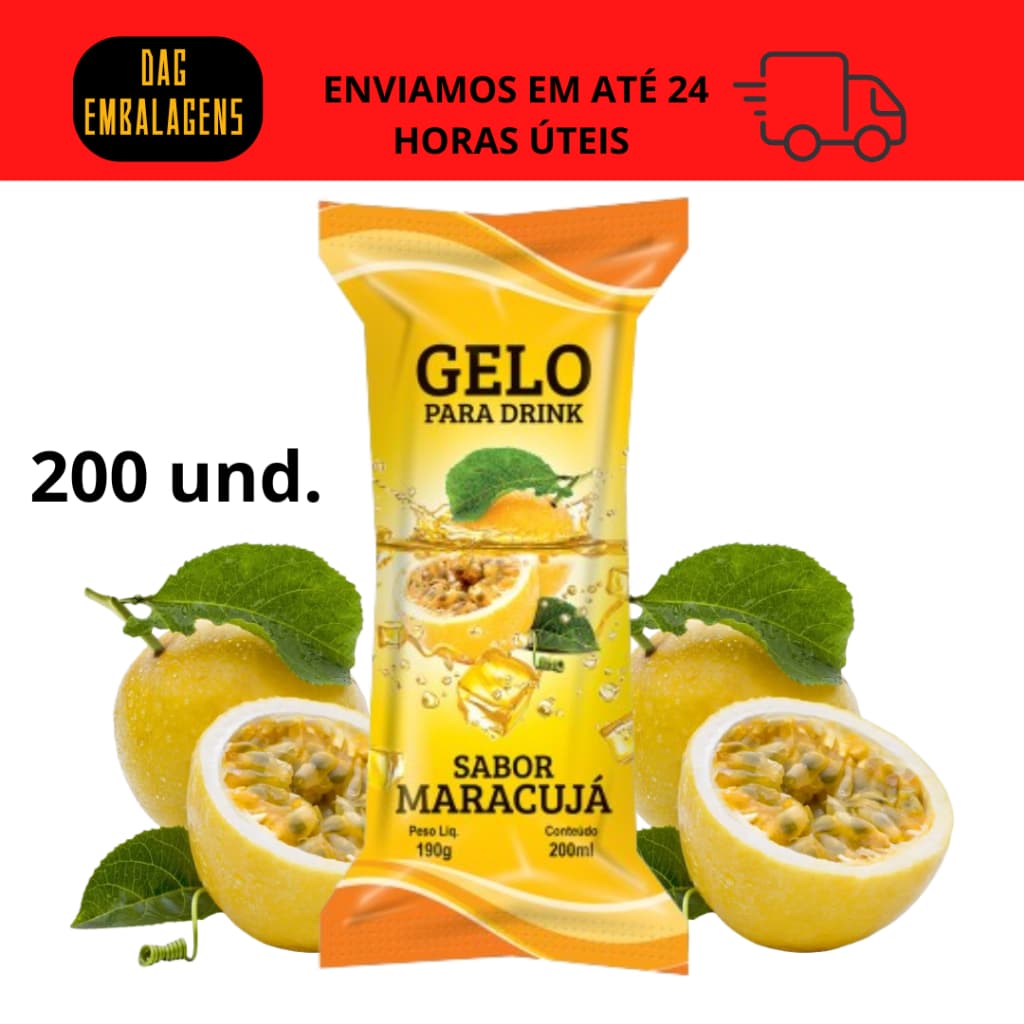 01 PACOTE Embalagem para Gelo Saborizado (Sabor Maracuja) - 200 Embalagens Bopp 9,5 x 21 Saco Higienico Externo