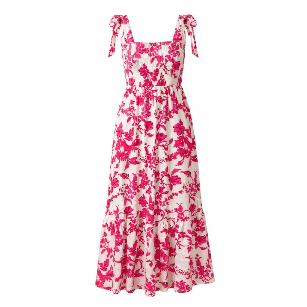 Vestido floral longuete rosa soltinho com compressão na cintura e busto