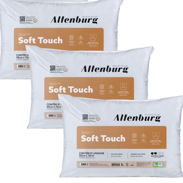Kit 3 Travesseiros Suporte Médio Soft Touch Altenburg Toque de Seda 50cm x 70cm