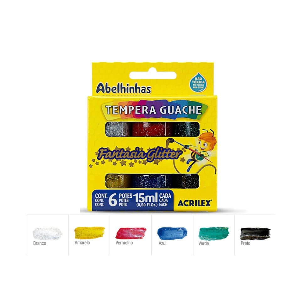 TINTA TEMPERA GUACHE FANTASIA GLITTER 6 CORES ACRILEX