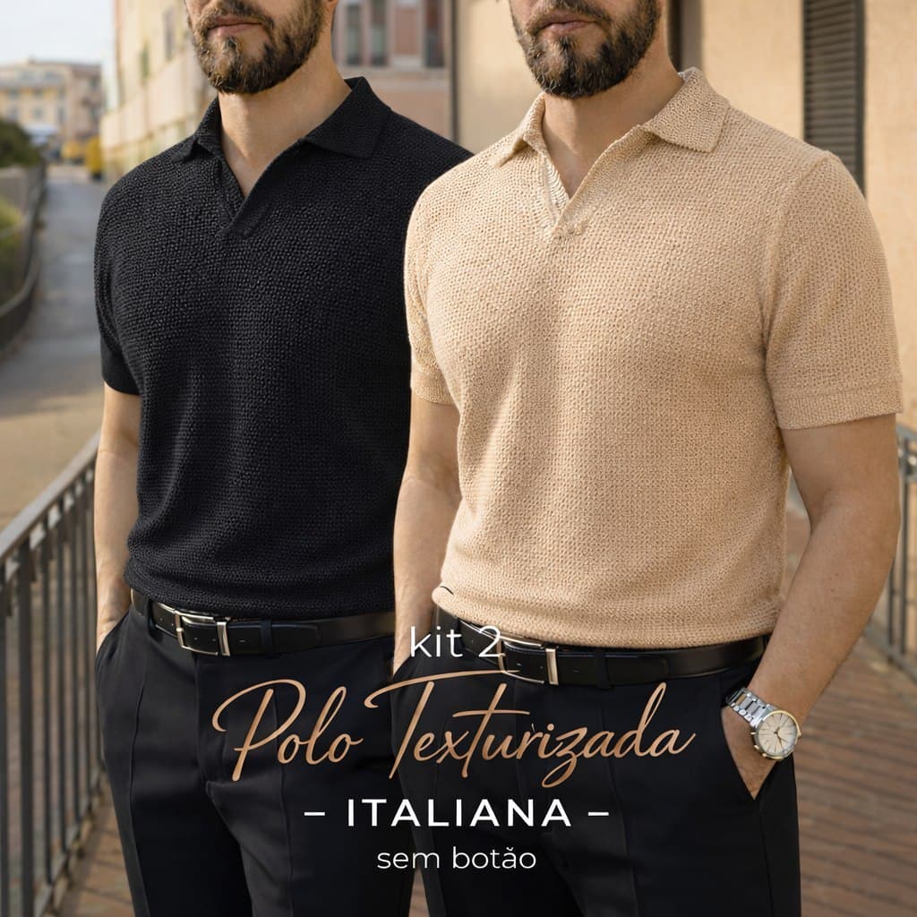 Kit 2 De Polo Italiana texturizada sem botão, manga slim  Camisa Polo Masculino Luxo Old Money