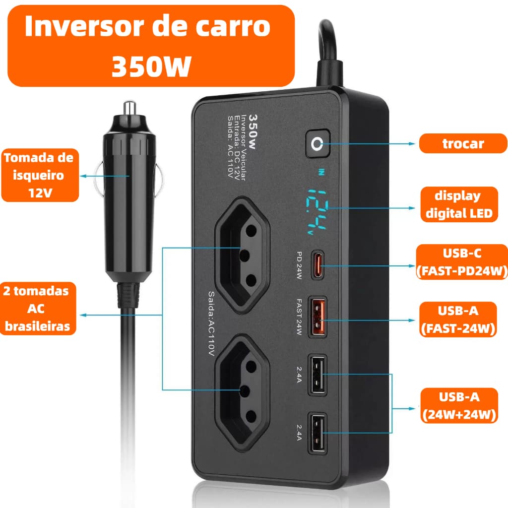 Inversor Tensão 12v Para 110v 350w Conversor Automotivo Tomada + 3 Usb+1TIPC BM-F1522