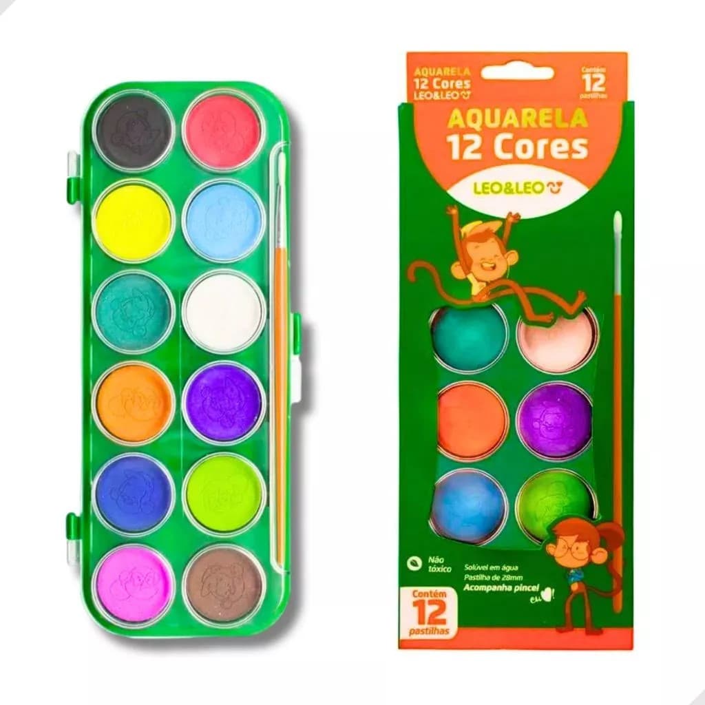 Aquarela Em Pastilhas Leo & Leo 12 Cores Com Pincel