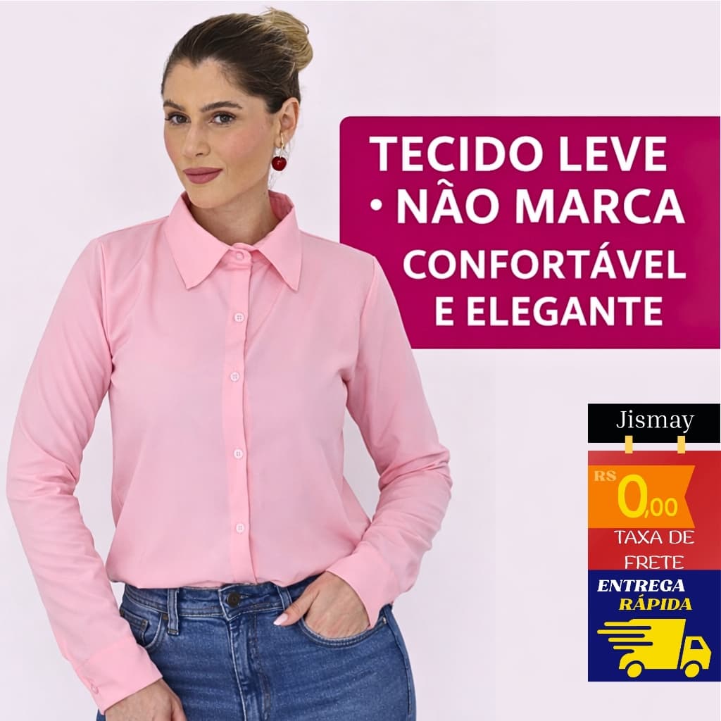 Camisa Social Feminina Manga Longa Crepinho Premium Gola Colarinho Elegante Escritório Trabalho Moda Clássica